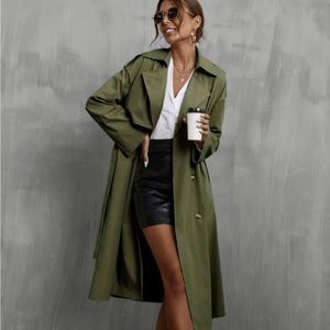 Brand New Double Breasted Bishop Sleeve Belted Trench Coat Army Green
